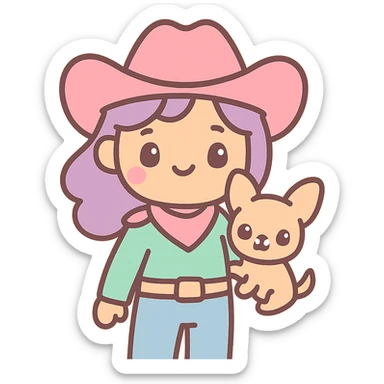 femme cowboy avec son chihuahua, style kawaii, chapeau rose sticker
