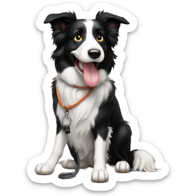 Border collie sitting down on leash from far with tongue out sticker