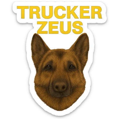 Reduce the image file size as much as technically possible, even if it lowers image quality, while keeping the background fully transparent, the realistic German Shepherd, and yellow 'Trucker Zeus' text. sticker