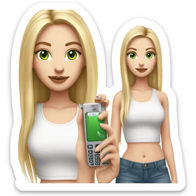 Realistic White girl with Long straight blonde hair, green eyes, tattoos, full body wearing white crop top, holding pink phone sticker