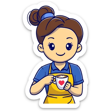 Cute brunette barista girl with hair in a bun wearing yellow shirt and dark blue apron, she's relaxed and making heart-shaped latte art, smiling at the coffee cup with a heart design in the foam sticker