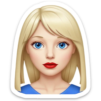40 yr old white woman, pale skin, long straight blond hair parted in center, blue eyes, bangs sticker