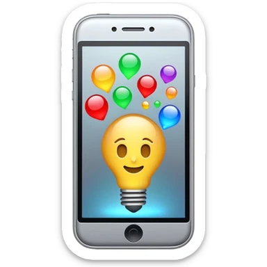 Generate a realistic emoji of a smartphone where a lot of things like data, ideas, inventions and creative stuff coming out of it. Whats coming  out of it spreads in the air  sticker
