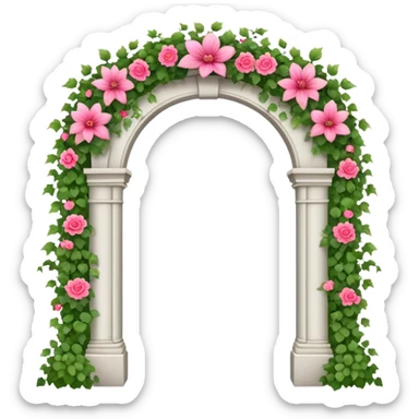 White tall archway with vines, ivies, and romantic pink and red flowers  sticker