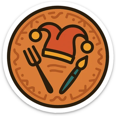 minimalist logo for a culinary and pottery workshop featuring a jester's hat with a fork and a paintbrush as two bells, on a round plate with hand-crafted ceramic patterns, warm inviting flat colors, playful and professional sticker