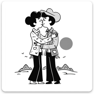 two cowboys, both men, kissing sticker