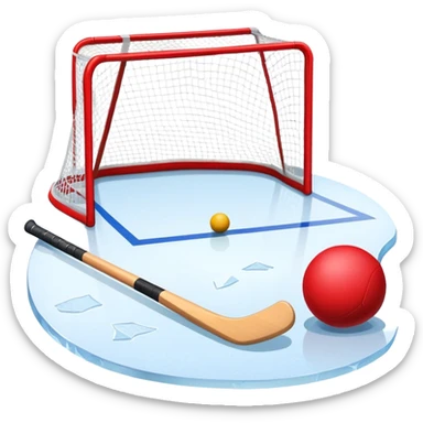 A red ball and hockey stick resting on an ice rink, with the goalposts and clear markings in the background. The scene captures the unique nature of field hockey with a ball on ice, emphasizing the speed and precision of the sport in a cold, competitive atmosphere. sticker