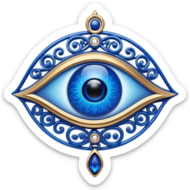 Cinematic Realistic depiction of a classic Evil Eye talisman, rendered with intricate details and vibrant blue hues, set against a soft, ethereal backdrop that underscores its protective symbolism sticker