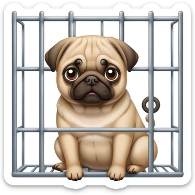pug in a cage, head and body completely behind bars sticker