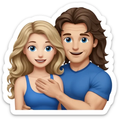 Women with blue eyes and very long, brown blond balayage curled hair in the arms of a man with strong arms a straight face, a very sexy man blue eyes. They are laughing at each other. He has dark brown hair: A fade haircut down to skin and is light skinned  sticker