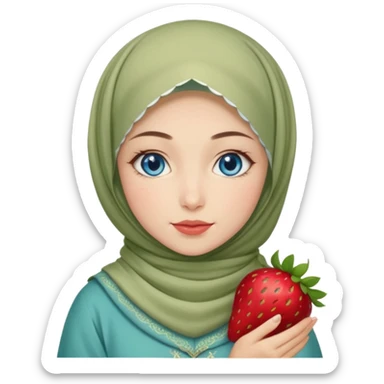 Turkish beautiful finish Konya girl blue eyes with beige and light green hijab islamic dress and had on her hand strawberry Matcha  sticker