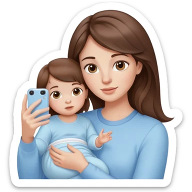 brunette girl with brown hair wearing pastel blue clothes holding a baby and taking a selfie sticker