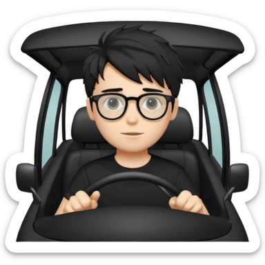 generate a pretty bratz fair skinned boy with black messy hair wearing a black tshirt driving. Glasses on.  sticker