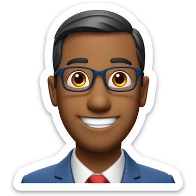 Pixar-inspired film character in 3D. Smiling Indian, oval face, cropped hair, nose with a high back, wears a blue suit and red tie. sticker