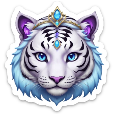 ESO Female white/black tiger khajiit leader of the umbral rose, glowing blue eyes, glowing blue 'third eye' gem; purple gem silver tiara sticker