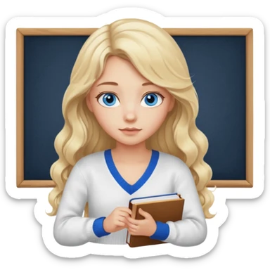 make me an emoji of a blonde girl studying, wear a white v-neck knit jumper and no glasses with long curled hair blue eyes and no blackboard sticker