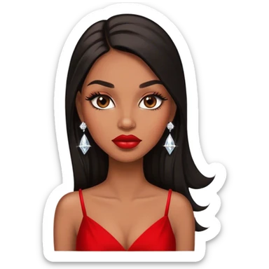 light brown skin tone, very beautiful woman, with big plump lips, long long lashes, black straight long hair, brown eyes, red dress, diamond stud earrings sticker