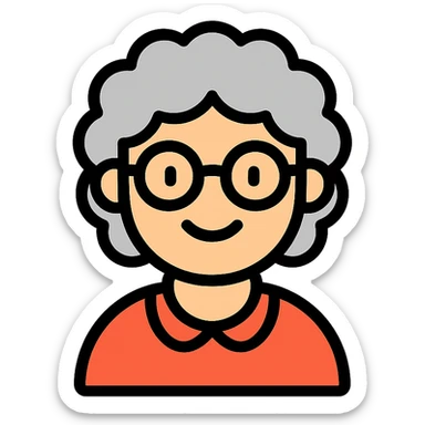 color outline icon of a smiling elderly Caucasian woman, grey curly hair, glasses sticker