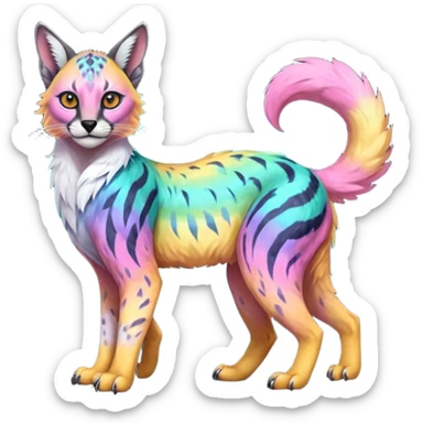 Realistic Colorful pale nebula gradients-colored randomly-colored fruity glorious exotic neon vibrant zigzagged fantasy-caracal-civet-genet-sergal-vernid-Gryphon-Cacomistle-Trico-oncilla-animal-Fakémon-hybrid-fursona (full body), facial markings, (realism style) sticker