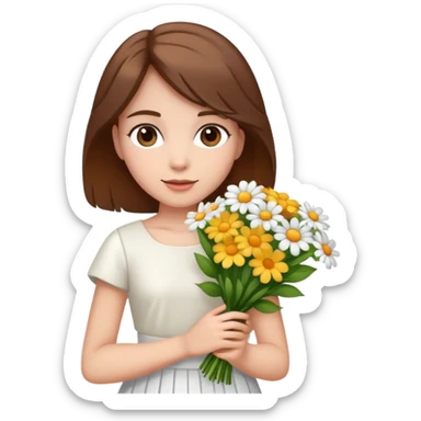 girl with brown hair wearing a white skirt holding a bouquet of flowers sticker