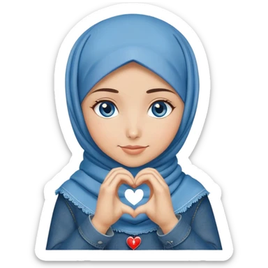 Turkish beautiful finish Konya girl blue eyes with denim hijab islamic dress and making heart with hands and with thank you text sticker
