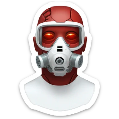 Red skin cyborg head with white respirator mask and circuitry sticker