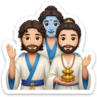Create a Jesus - long wavy dark-brown hair, short beard, wearing a simple white robe., Krishna- blue skin with dark curled hair , and Buddha standing together. Buddha: warm golden or light tan skin, dark curled hair with a traditional top bun (ushnisha)

 sticker