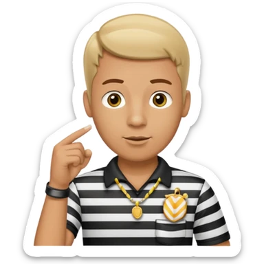 A calm referee with striped shirt, pointing clearly toward the field wearing whistle as a necklace sticker