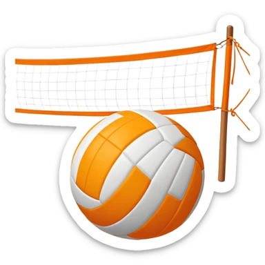 The scene captures a sunny sea beach atmosphere with clear blue sea and sky, palm trees swaying, and people in swimsuits enjoying the vibrant surroundings. A volleyball resting on the orange sand ground of a beach, with a volleyball net in the background.  sticker