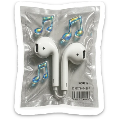 pair of white EarPods with three floating iridescent glass music notes, shiny and puffy, vacuum-sealed style sticker