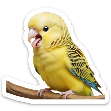 Cinematic Cute Yawning Yellow Budgie Portrait Emoji, Head tilted slightly with a dramatic, wide-open yawn, showcasing a soft, downy yellow feathered fur with gently drooping wings, round dark eyes barely open in drowsy contentment, Simplified yet irresistibly adorable features, highly detailed, glowing with a soft, cozy glow, high shine, relaxed yet expressive, stylized with a touch of whimsy, bright and endearing, soft glowing outline, capturing the essence of a sleepy yet affectionate budgie, so drowsy it feels like it could stretch out of the screen and curl up for a nap! sticker