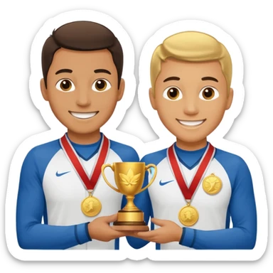 winner ceremony with one guy handing another guy a trophy. One of them having a medal around his neck. the other not sticker