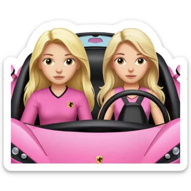 Make car far away so I can see full car Car facing forward in pink sports car. Make hair long are not smiling but very pretty. One girl is blonde, one girl is brunette. Front of car sitting in the seats. Make it a pink sports car. They are two baddies make it a Lamborghini pink car  sticker