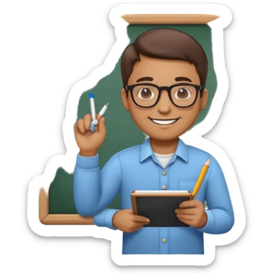 "Create a cute and detailed emoji of a male teacher writing on a chalkboard. The teacher is smiling, wearing glasses, and dressed in a casual shirt and pants. He is holding a piece of chalk and writing something on the blackboard. The style should be colorful, friendly, and cartoon-like, with simple and clear lines."
 sticker