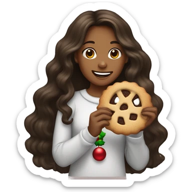 Tan girl with dark brown long wavy hair eating a Christmas cookie sticker
