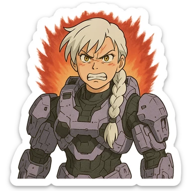 making an angry scowl, frown closed mouth, rage face, rage aura,  female, wearing reach spartan armor shoulder-unequip, long white braid hair with massive messy front side single bangs, gold yellow eyes, attention pose, D-cup size, HALO:series, no helmet, the armor is lavender color scheme, sticker