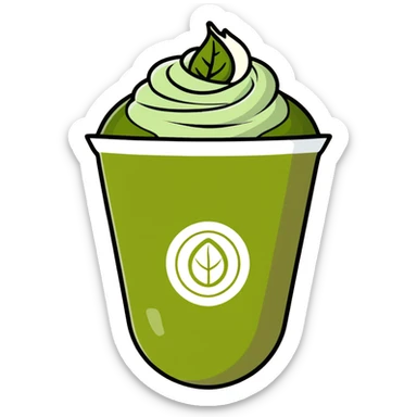 matcha latte with leaf detail, warm olive-brown tones, soft dreamy illustration sticker