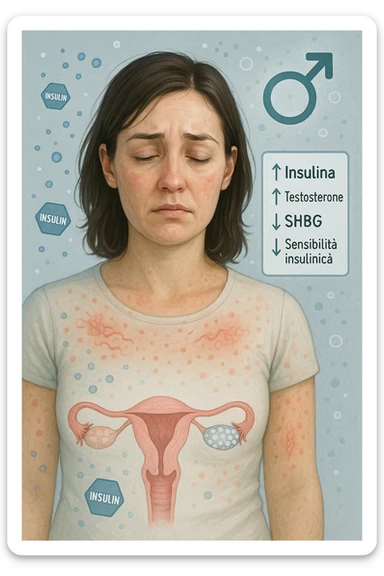 Donna tra i 25 e i 35 anni in primo piano, con espressione affaticata. Intorno al suo corpo appaiono in modo stilizzato e simbolico squilibri ormonali: molecole di insulina in eccesso fluttuano attorno, androgeni (testosterone) evidenziati sopra la testa, segnali visivi di infiammazione cronica lieve. Sopra le ovaie (visibili in trasparenza) compaiono piccole cisti multiple. Accanto a lei, un diagramma stilizzato mostra: '↑ Insulina', '↑ Testosterone', '↓ SHBG', '↓ Sensibilità insulinica'. L’atmosfera è scientifica, educativa ma empatica. Stile realistico con elementi infografici fluttuanti e colori freddi ma puliti. sticker