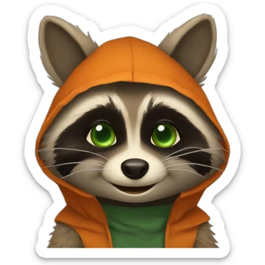 brown raccoon with orange eyes and a dark green hood that smile sticker
