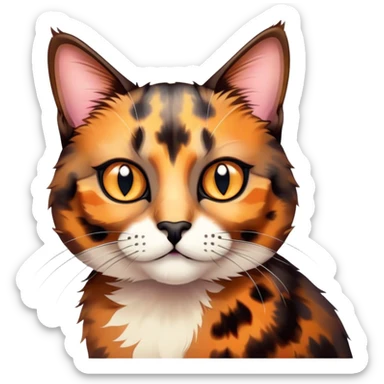 Cinematic Cute Tortoiseshell Cat Portrait Emoji, Head cocked sweetly with bright, curious eyes and a cuddly, mottled fur of rich browns and blacks, simplified yet charmingly adorable, highly detailed, glowing with a warm, gentle radiance, high shine, playful and endearing, styled with a dash of whimsical feline magic, soft glowing outline, capturing the essence of a cute tortoiseshell cat that seems ready to pounce with affectionate mischief! sticker