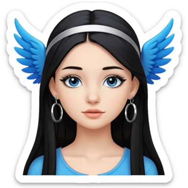 Girl with Black long straight hair with headband black one that puts hair pushed back winged eyeliner both upoer and lower line blue eyeshadow silver hoops  sticker