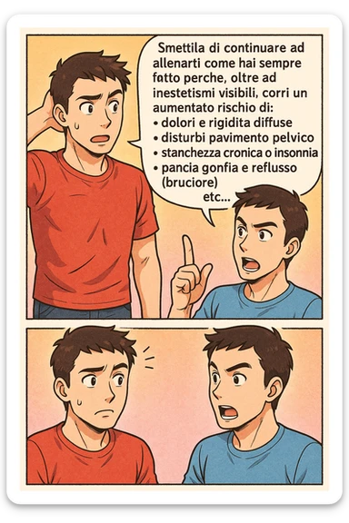 TRASFORMA QUESTO CAROSELLO IN UN FUMETTO STILE MANGA A COLORI CON QUESTE DUE PERSONE IDENTICHE CHE INTERLOQUISCONO TRA LORO:

LUI (UOMO): Smettila di continuare ad allenarti come hai sempre fatto perché, oltre ad inestetismi visibili, corri un aumentato rischio di:
    • dolori e rigidità diffuse
    • disturbi pavimento pelvico
    • stanchezza cronica o insonnia
    • pancia gonfia e reflusso (bruciore)
    • etc… sticker