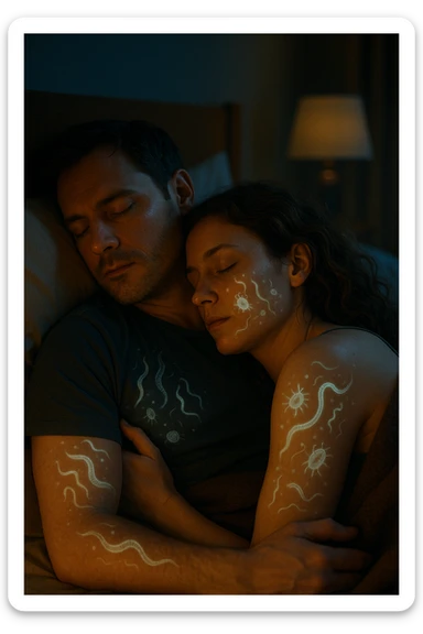A hyper-realistic, cinematic image of a man and a woman sleeping together in the same bed under soft, dim night lighting, with their bodies close and touching. Their skin appears slightly illuminated where it touches, and under a subtle x-ray style overlay, faint ghostly silhouettes of microscopic parasites and worm-like organisms are visible crawling transdermally between their bodies, symbolizing silent, unnoticed parasite transmission during sleep. The environment is a cozy bedroom with warm tones, but the presence of the glowing parasites creates a slightly unsettling feeling, emphasizing the hidden danger. Their faces are calm, unaware, symbolizing the unconscious nature of the transmission. The image is detailed with a 35mm film hyperrealistic aesthetic, focusing sharply on the point of contact between their skin where the parasites pass, while the background remains softly blurred. The color palette uses muted warm browns and soft moonlight blues to maintain a nighttime, intimate feeling, contrasting with the translucent, glowing parasites to illustrate the hidden risk of transdermal parasite transmission while sharing a bed sticker
