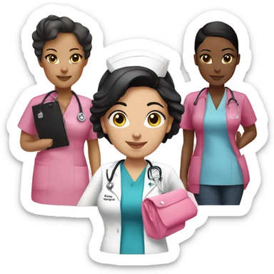Nurse ,white woman, black hair in a bun,pink scrubs ,Louis Vuitton bag  sticker