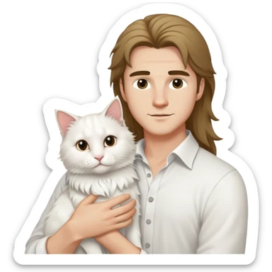 A young handsome Caucasian man in a white shirt holds a long-haired white cat sticker