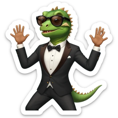 capitalist iguana banker in tuxedo and black sunglasses dancing sticker