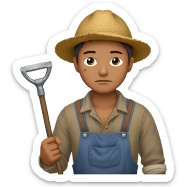 Emoji portrait of a male agricultural slave. He has a tired expression and wears rough clothes, holding a hoe over his shoulder. sticker