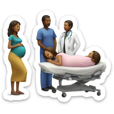 a pregnant woman gives birth and doctors stand nearby sticker