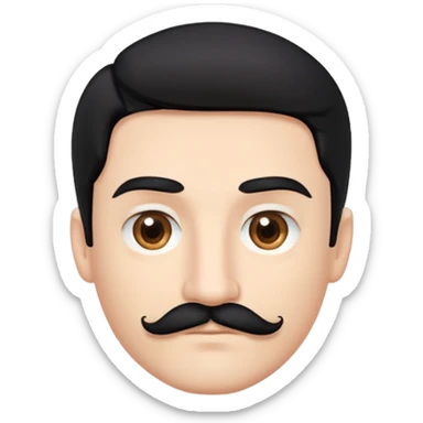white tech bro with black hair, black mustache, brown eyes. No forehead wrinkles. black shirt. sticker