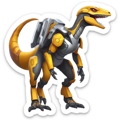 Colorful Edgy Greymon-Velociraptor-Genesect-Fakémon-Pokémon wearing a with a futuristic visor-helmet And Mecha-suit Full Body sticker